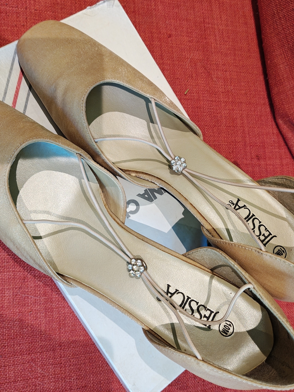Jessica Champagne Satin T-Strap Flats with Rhinestone Accent - Picture 2 of 4